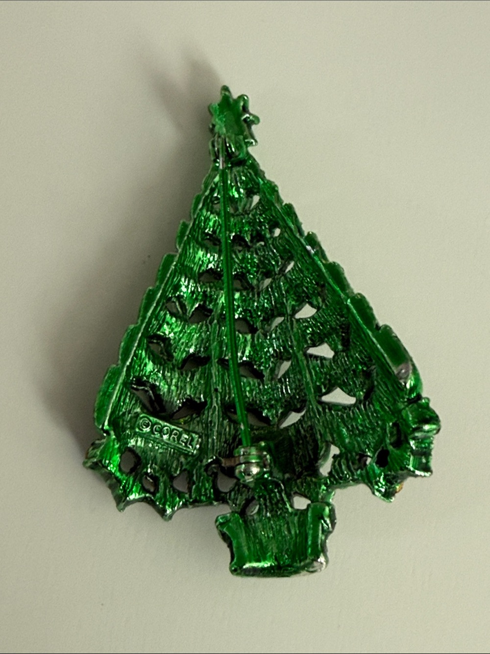 Reserved M Rare vintage Corel Green Jeweled Christmas Tree Brooch pin book piece - Picture 11 of 12